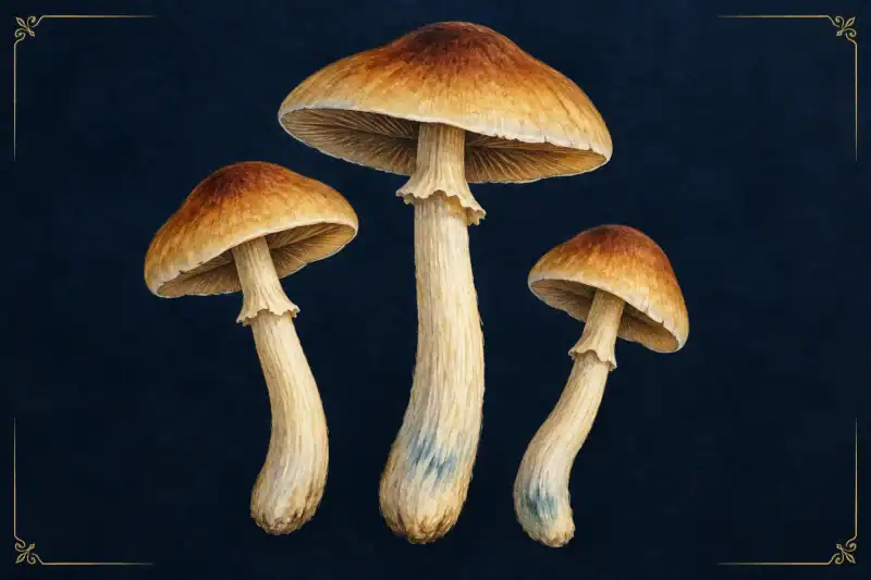illustration of B+ cubensis mushrooms with caramel caps and ivory stems against a navy background.