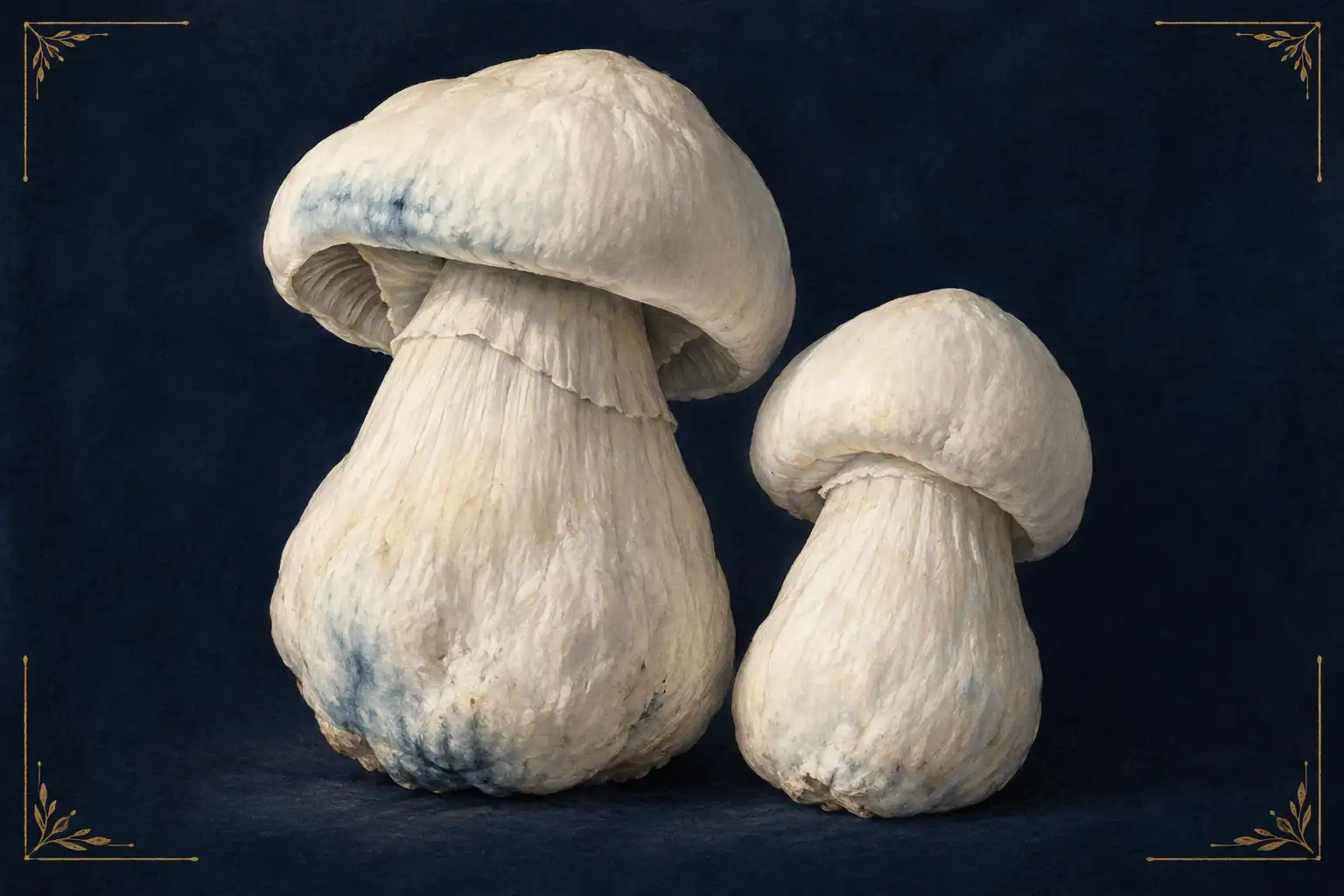 Botanical-style illustration of pale Albino Penis Envy mushrooms with thick stems and subtle blue shading against navy