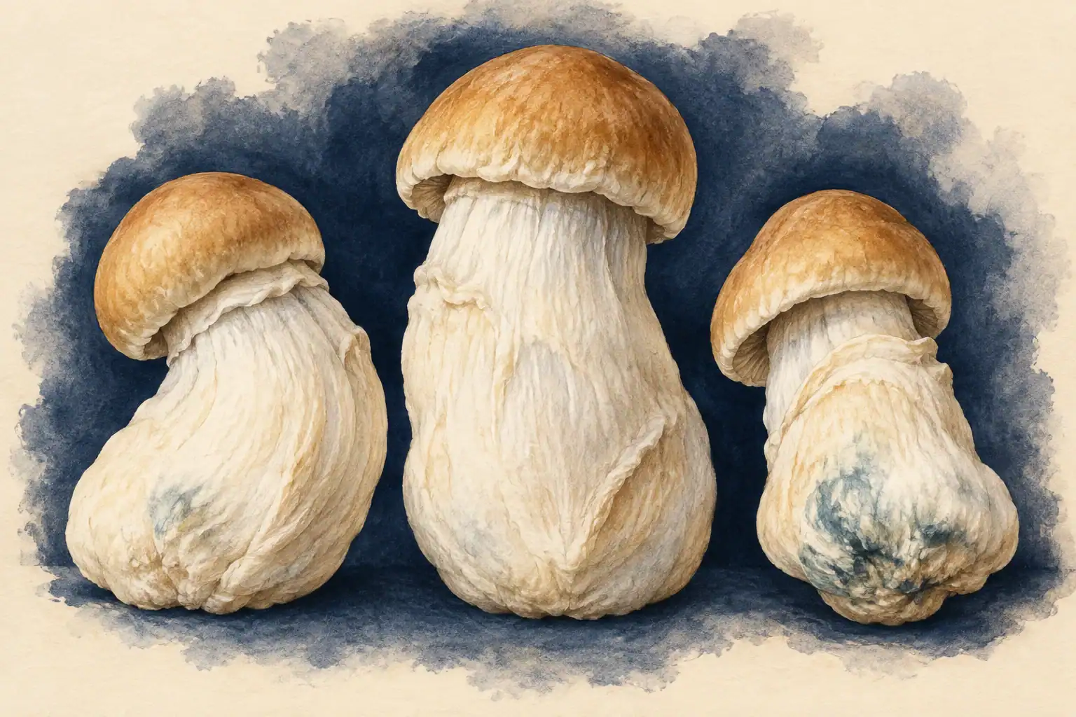 Botanical-style illustration of Penis Envy mushrooms with thick cream stems and compact caramel caps