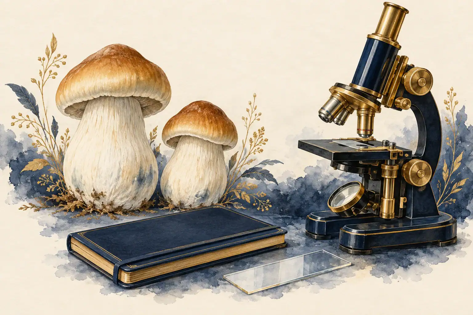 Editorial illustration of a microscope, glass slide, notebook, and Penis Envy mushrooms in navy and gold
