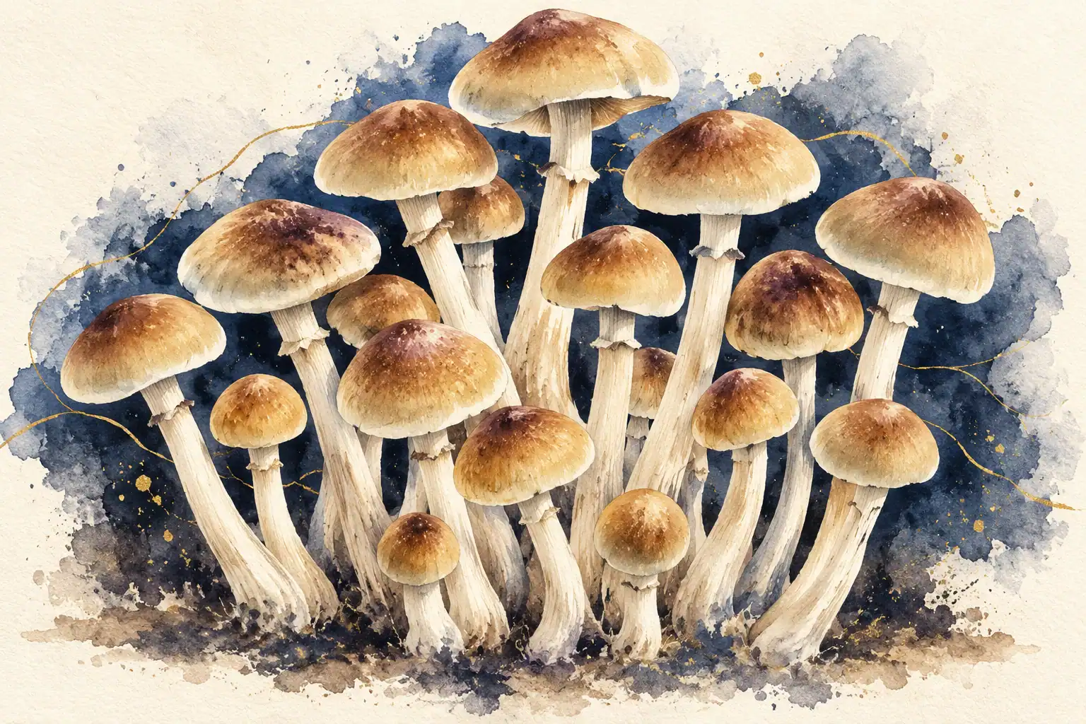 Purple Mystic mushroom illustration with tall cream stems, rounded caramel caps, and subtle dark cap markings