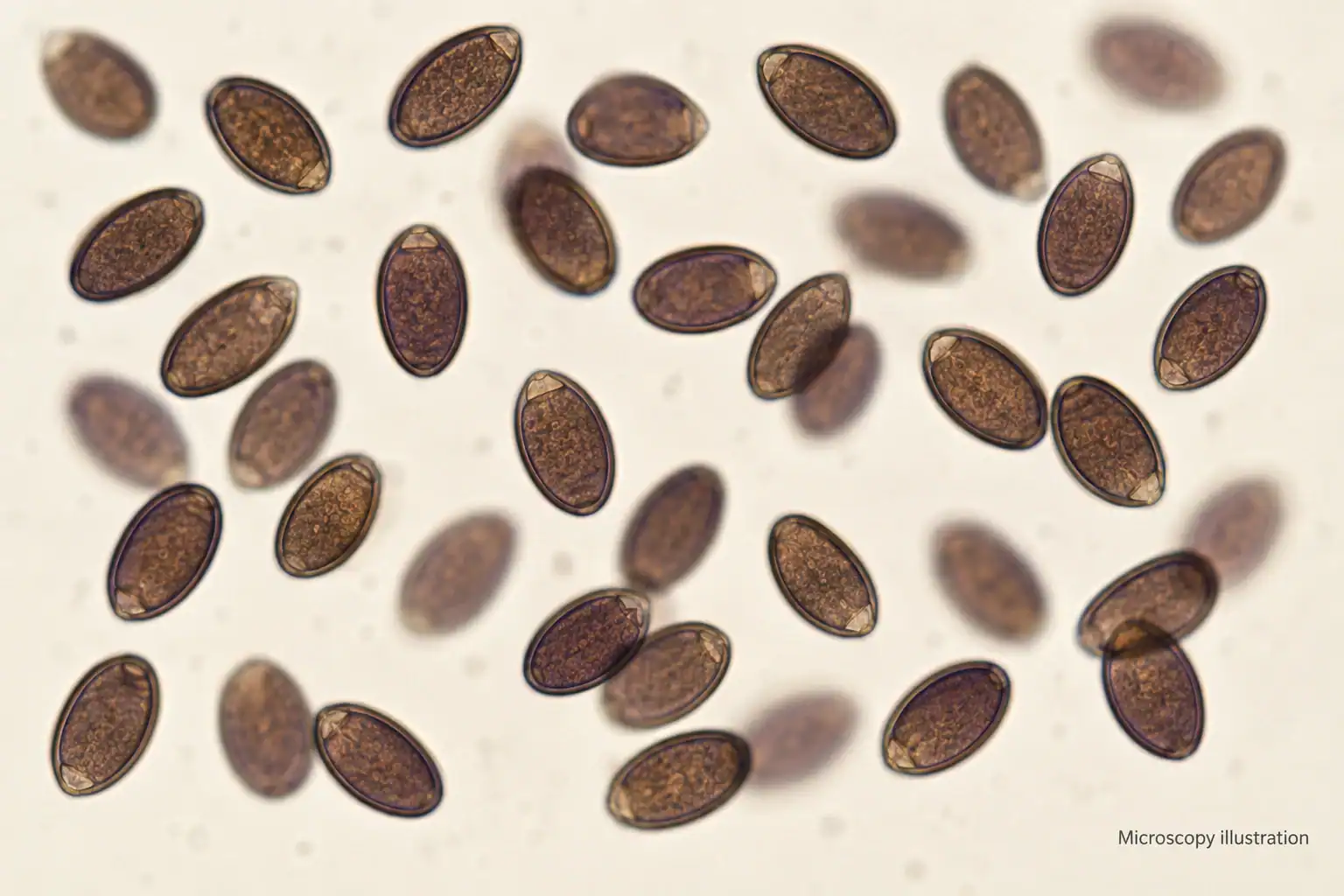 Illustration of oval brown mushroom spores in a microscopy-style field